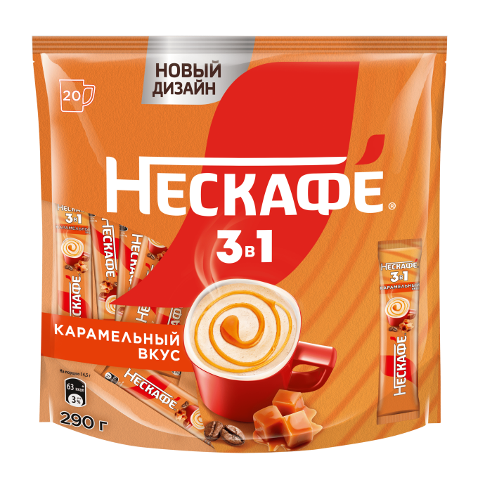НЕСКАФÉ® 3 в 1 Карамельный вкус, 20 порций по 14.5 г